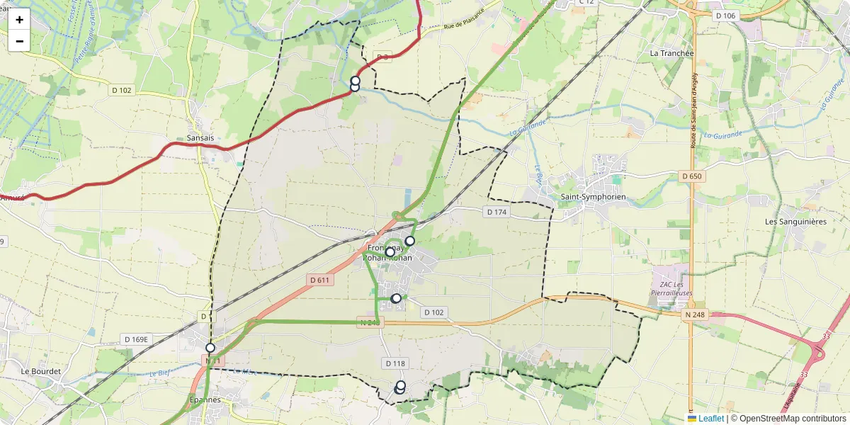 Carte du réseau de transport en commun à Frontenay-Rohan-Rohan - lignes de bus et arrêts