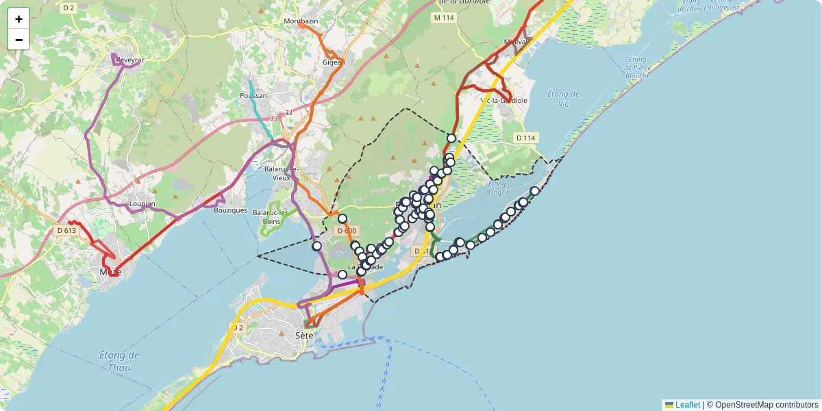 Carte du réseau de transport en commun à Frontignan - lignes de bus et arrêts