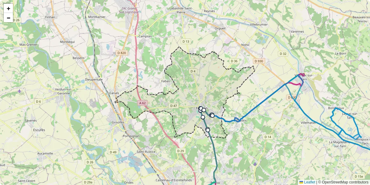 Carte du réseau de transport en commun à Fronton - lignes de bus et arrêts