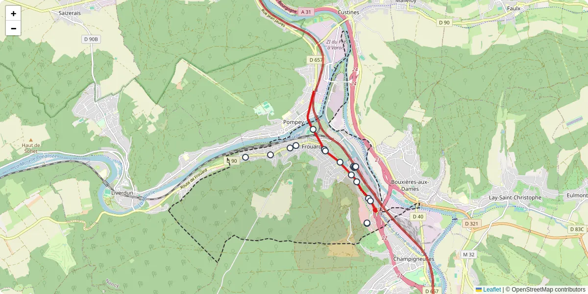Carte du réseau de transport en commun à Frouard - lignes de bus et arrêts