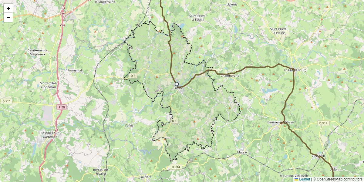 Carte du réseau de transport en commun à Fursac - lignes de bus et arrêts