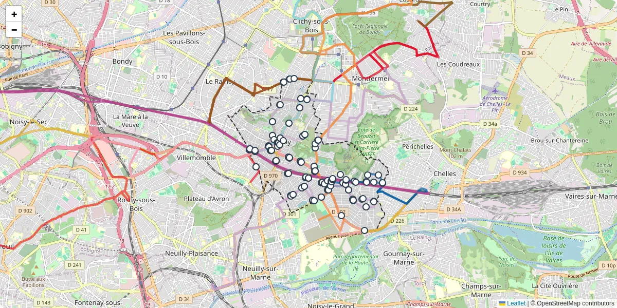 Carte du réseau de transport en commun à Gagny - lignes de bus et arrêts