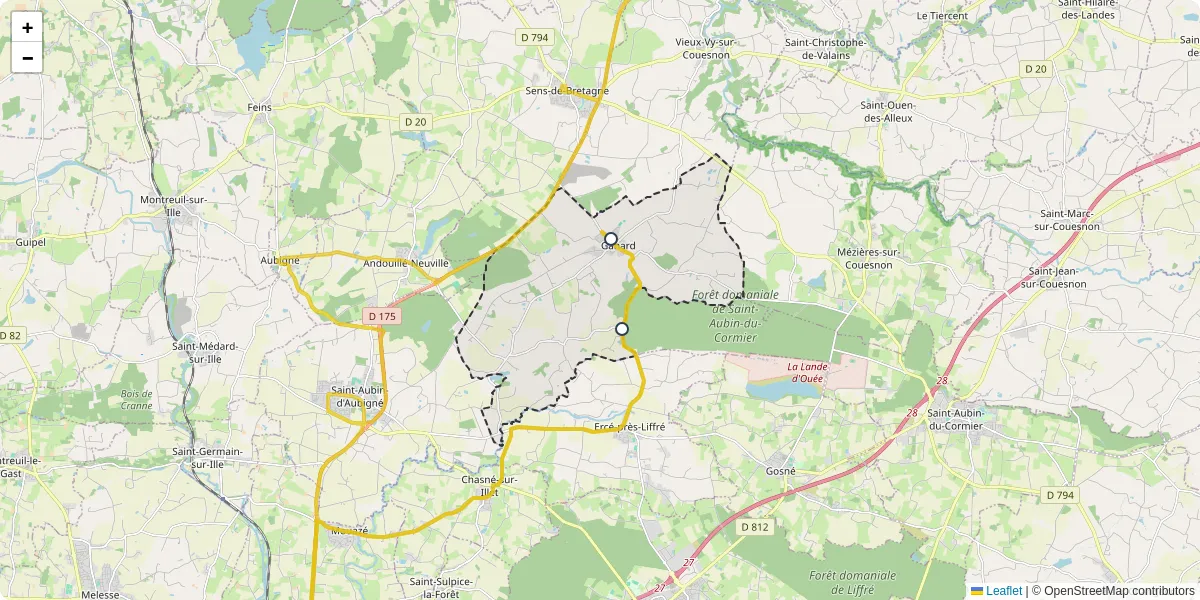 Carte du réseau de transport en commun à Gahard - lignes de bus et arrêts