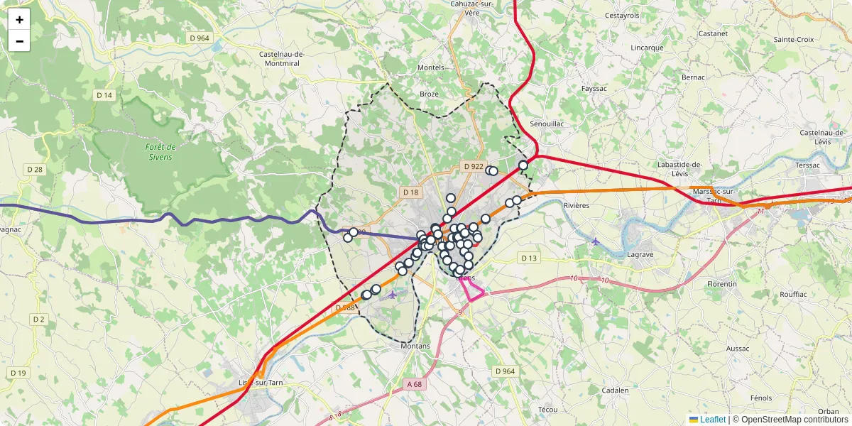 Carte du réseau de transport en commun à Gaillac - lignes de bus et arrêts