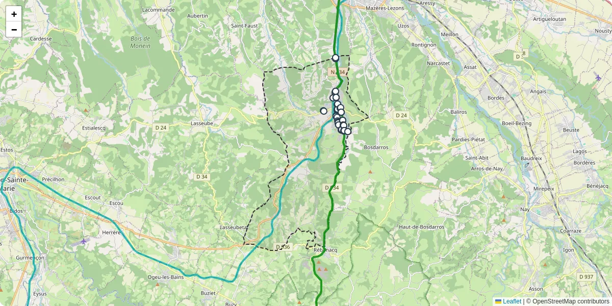 Carte du réseau de transport en commun à Gan - lignes de bus et arrêts