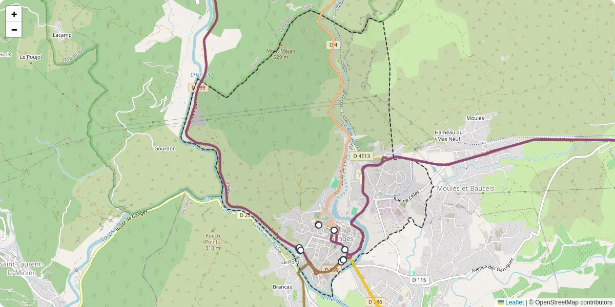 Carte du réseau de transport en commun à Ganges - lignes de bus et arrêts
