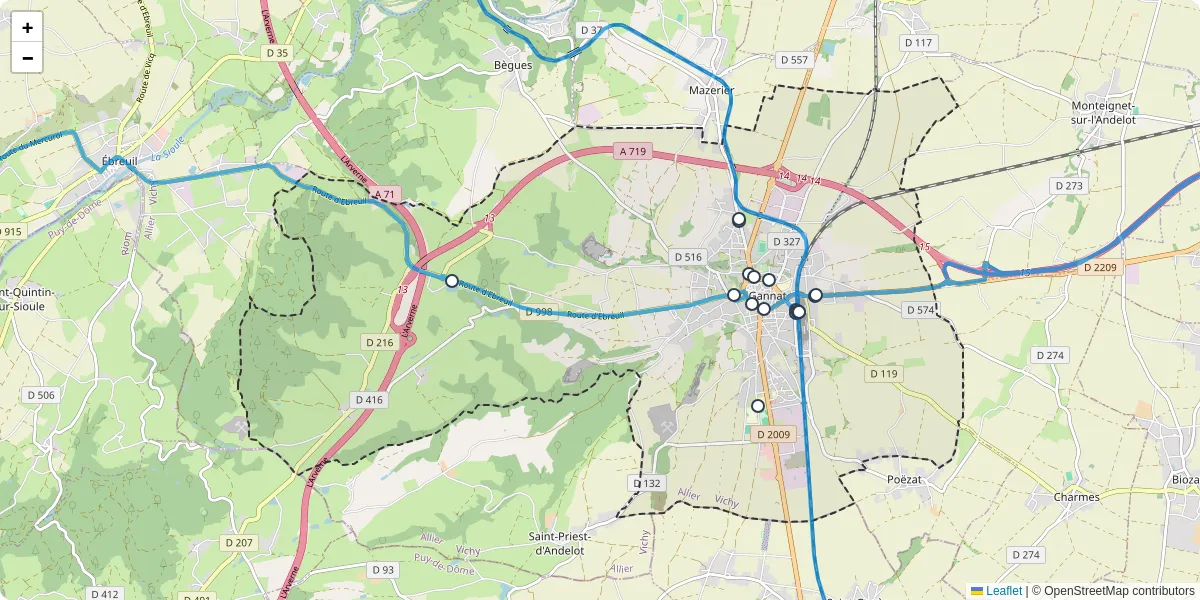 Carte du réseau de transport en commun à Gannat - lignes de bus et arrêts