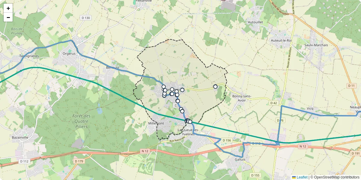 Carte du réseau de transport en commun à Garancières - lignes de bus et arrêts