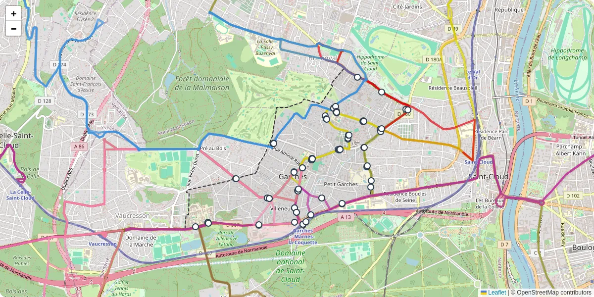 Carte du réseau de transport en commun à Garches - lignes de bus et arrêts
