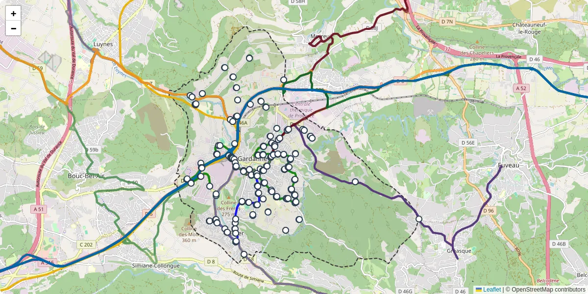 Carte du réseau de transport en commun à Gardanne - lignes de bus et arrêts