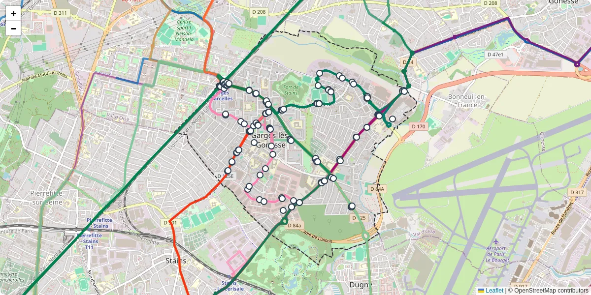 Carte du réseau de transport en commun à Garges-lès-Gonesse - lignes de bus et arrêts