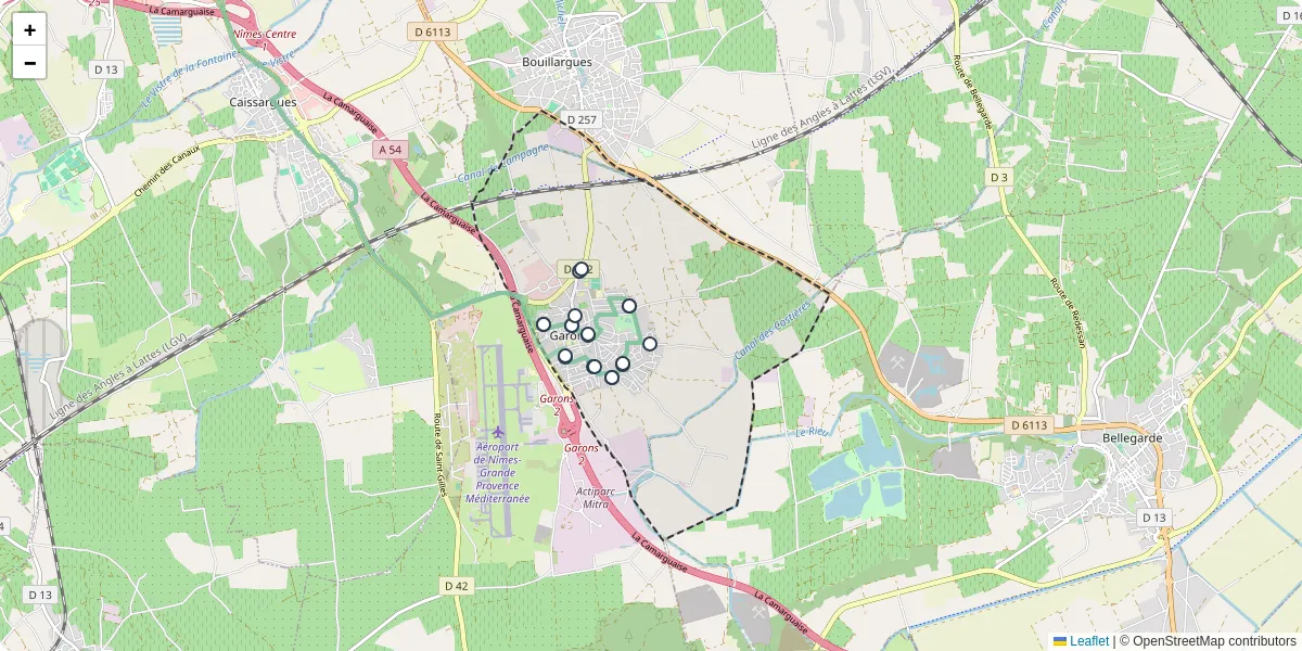Carte du réseau de transport en commun à Garons - lignes de bus et arrêts