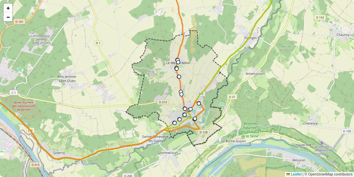 Carte du réseau de transport en commun à Gasny - lignes de bus et arrêts