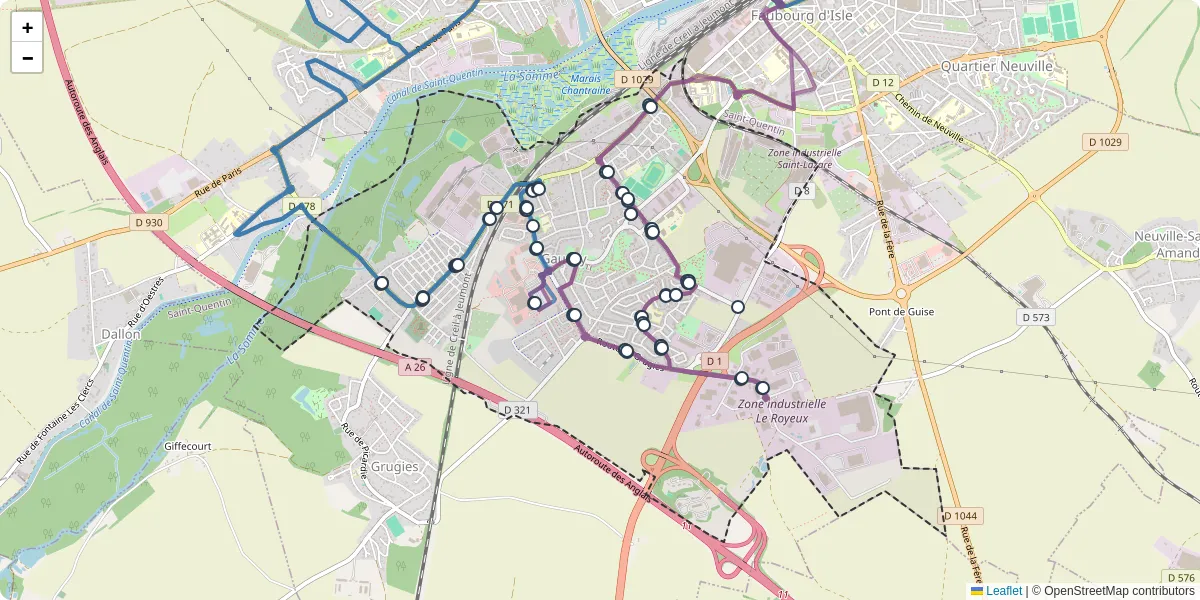 Carte du réseau de transport en commun à Gauchy - lignes de bus et arrêts