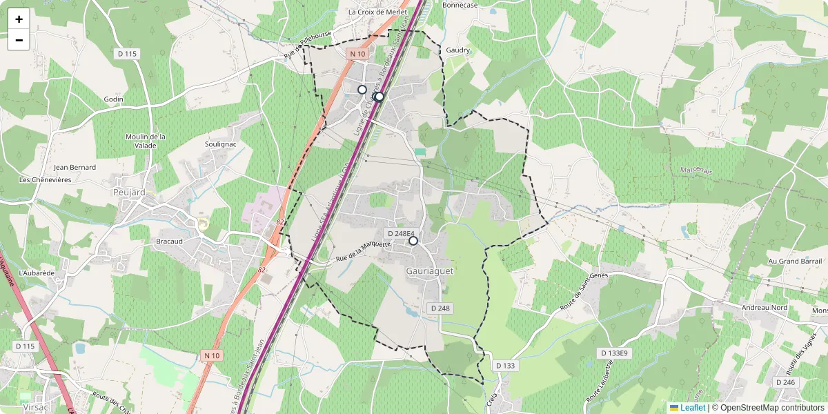 Carte du réseau de transport en commun à Gauriaguet - lignes de bus et arrêts
