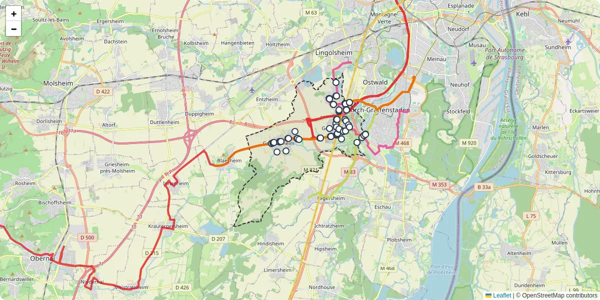 Carte du réseau de transport en commun à Geispolsheim - lignes de bus et arrêts