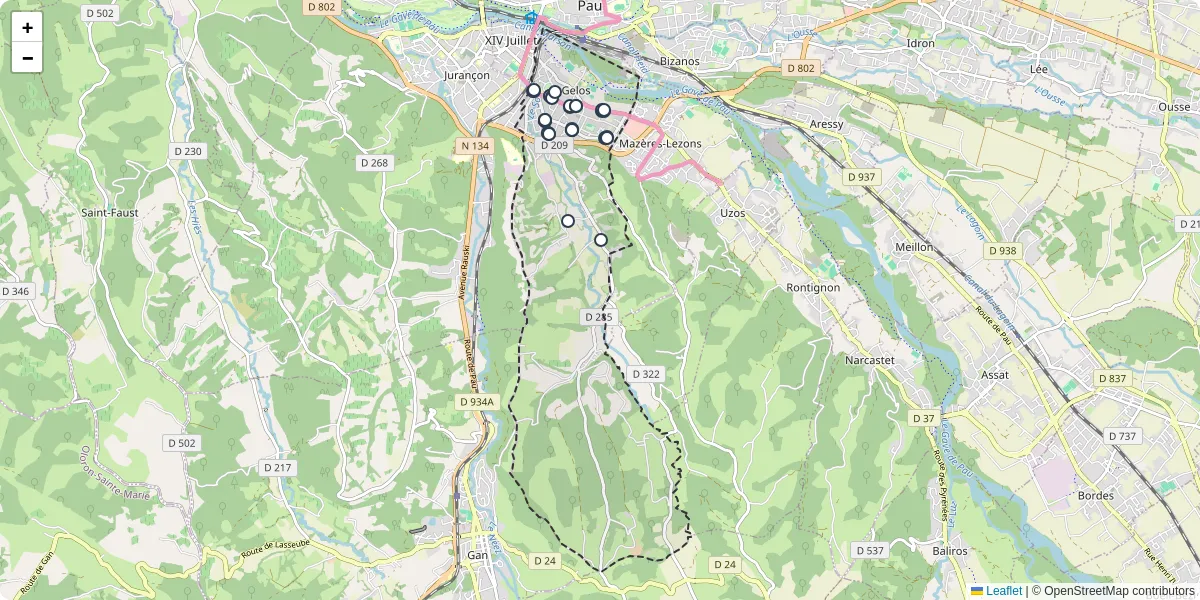 Carte du réseau de transport en commun à Gelos - lignes de bus et arrêts