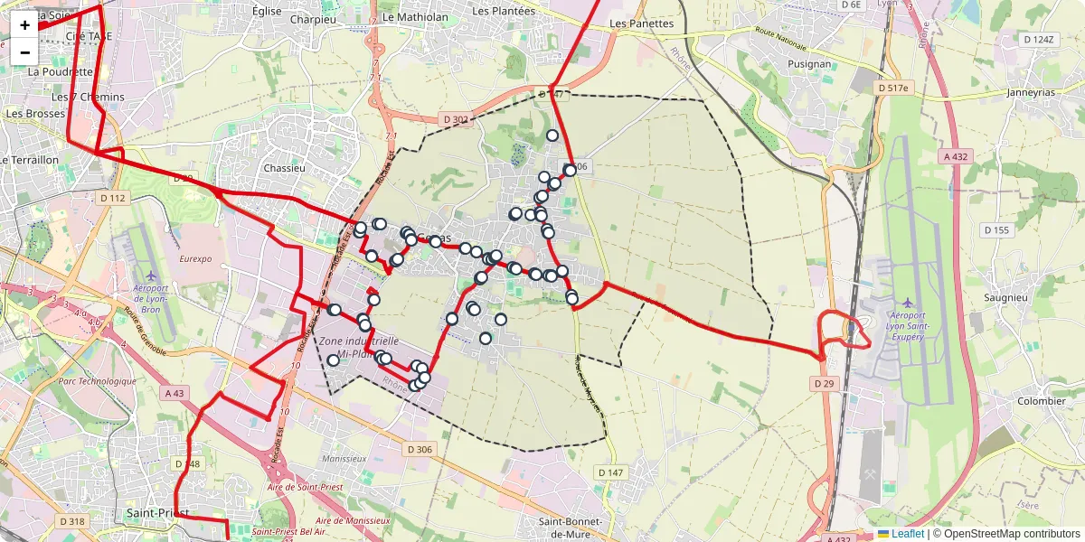 Carte du réseau de transport en commun à Genas - lignes de bus et arrêts