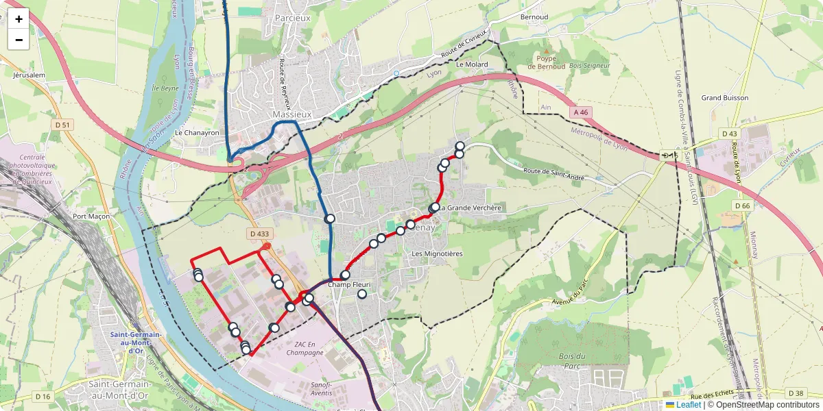 Carte du réseau de transport en commun à Genay - lignes de bus et arrêts