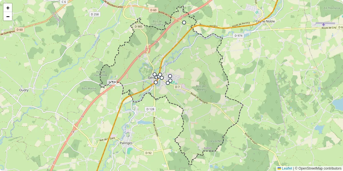 Carte du réseau de transport en commun à Génelard - lignes de bus et arrêts