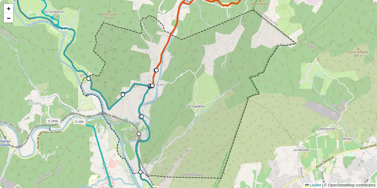 Carte du réseau de transport en commun à Générargues - lignes de bus et arrêts