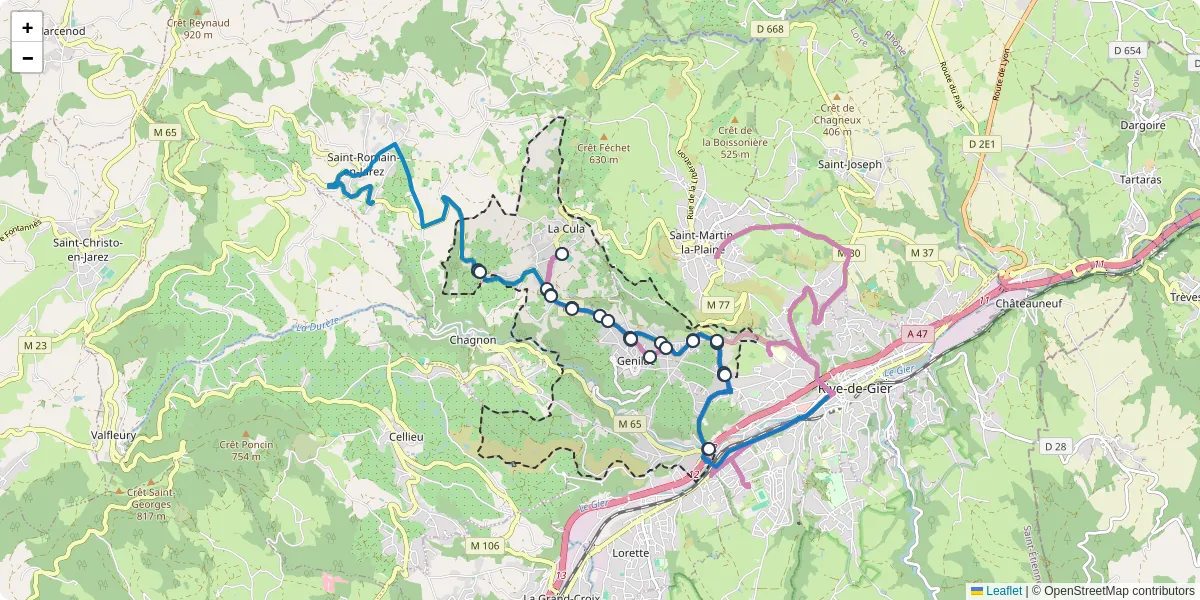Carte du réseau de transport en commun à Genilac - lignes de bus et arrêts