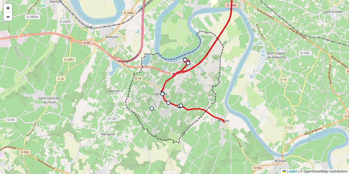 Carte du réseau de transport en commun à Génissac - lignes de bus et arrêts