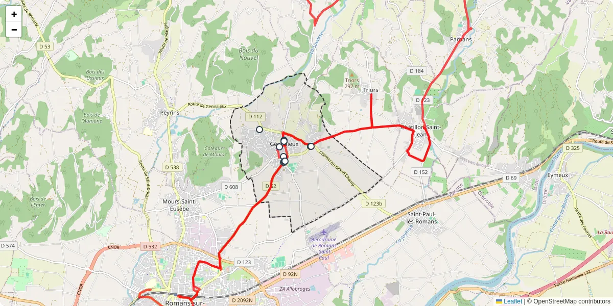 Carte du réseau de transport en commun à Génissieux - lignes de bus et arrêts