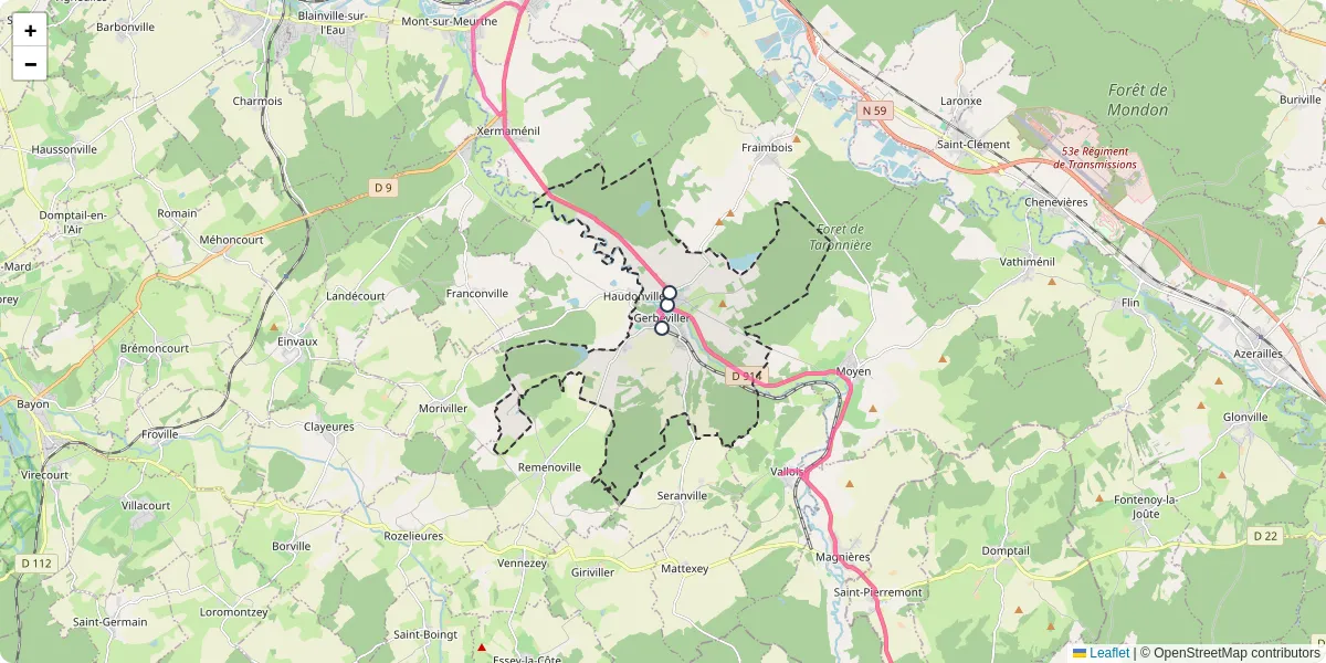 Carte du réseau de transport en commun à Gerbéviller - lignes de bus et arrêts