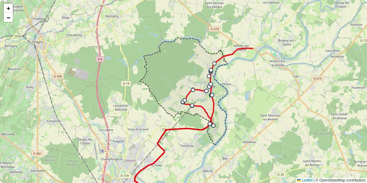 Carte du réseau de transport en commun à Gergy - lignes de bus et arrêts