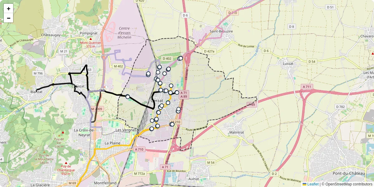 Carte du réseau de transport en commun à Gerzat - lignes de bus et arrêts