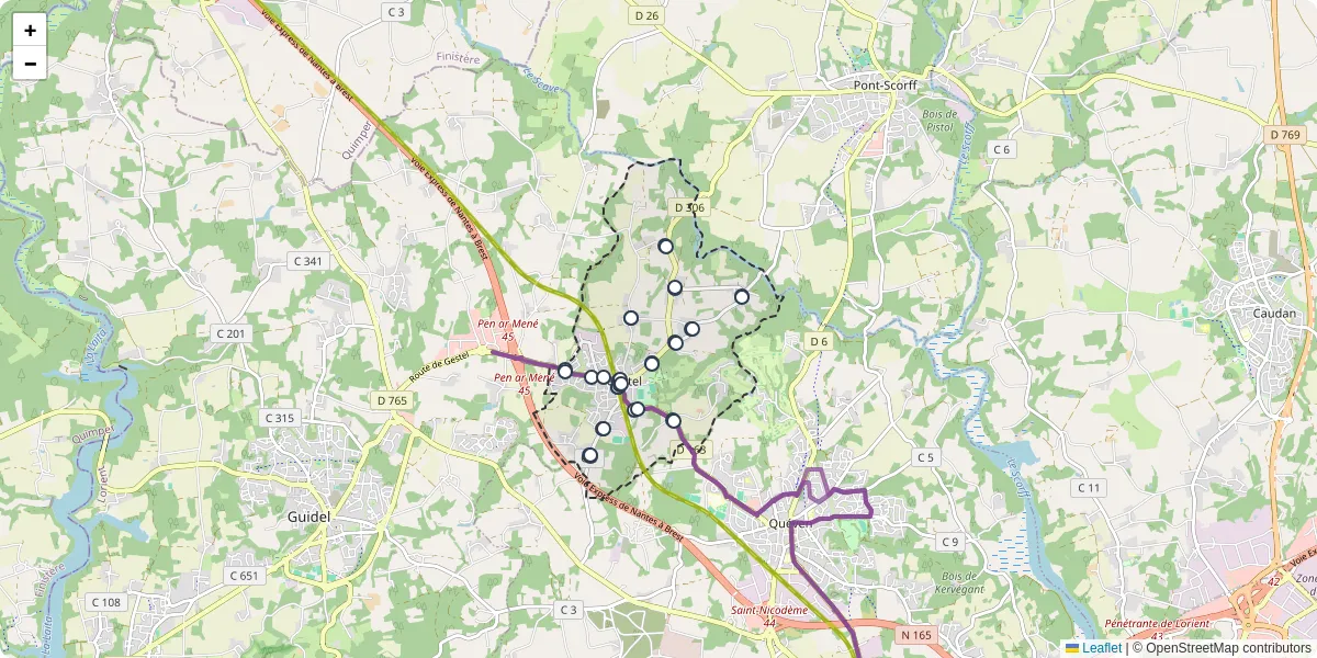 Carte du réseau de transport en commun à Gestel - lignes de bus et arrêts