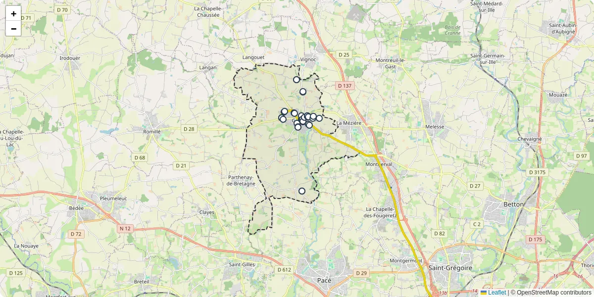 Carte du réseau de transport en commun à Gévezé - lignes de bus et arrêts