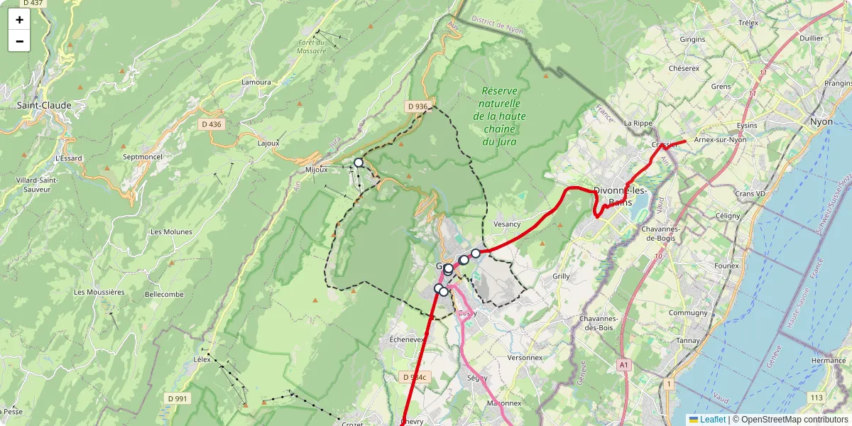 Carte du réseau de transport en commun à Gex - lignes de bus et arrêts