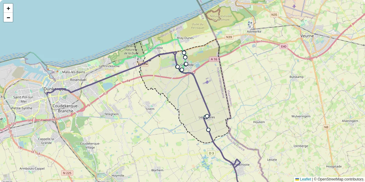 Carte du réseau de transport en commun à Ghyvelde - lignes de bus et arrêts