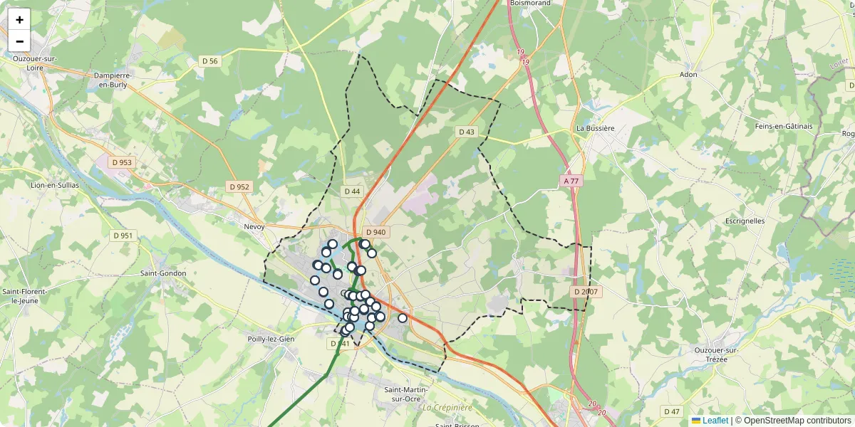 Carte du réseau de transport en commun à Gien - lignes de bus et arrêts