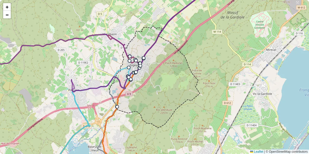 Carte du réseau de transport en commun à Gigean - lignes de bus et arrêts