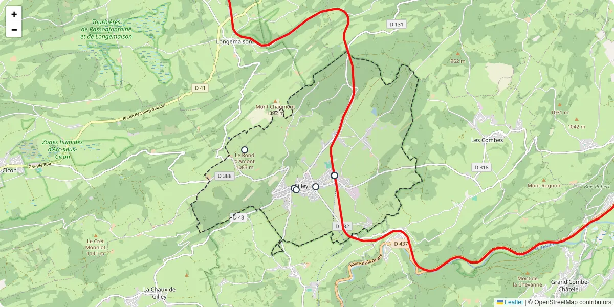 Carte du réseau de transport en commun à Gilley - lignes de bus et arrêts