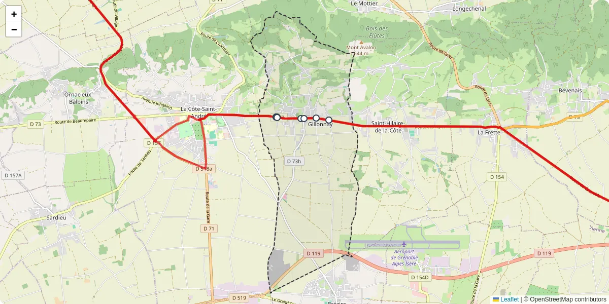 Carte du réseau de transport en commun à Gillonnay - lignes de bus et arrêts