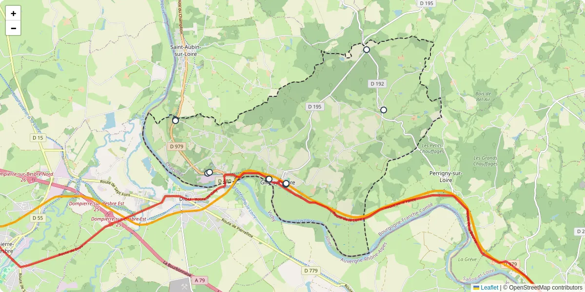 Carte du réseau de transport en commun à Gilly-sur-Loire - lignes de bus et arrêts