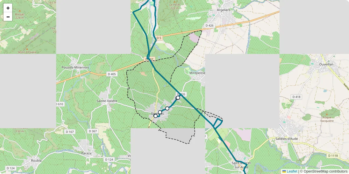 Carte du réseau de transport en commun à Ginestas - lignes de bus et arrêts
