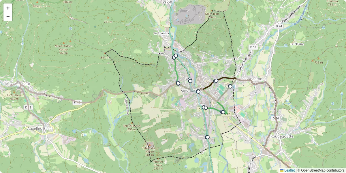 Carte du réseau de transport en commun à Giromagny - lignes de bus et arrêts