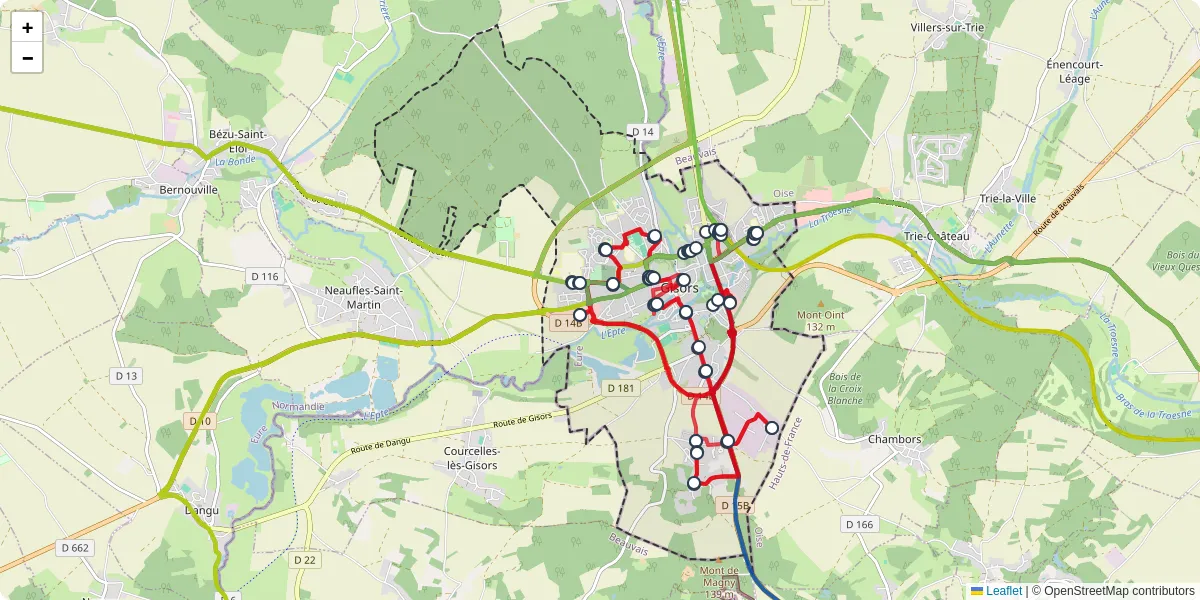 Carte du réseau de transport en commun à Gisors - lignes de bus et arrêts