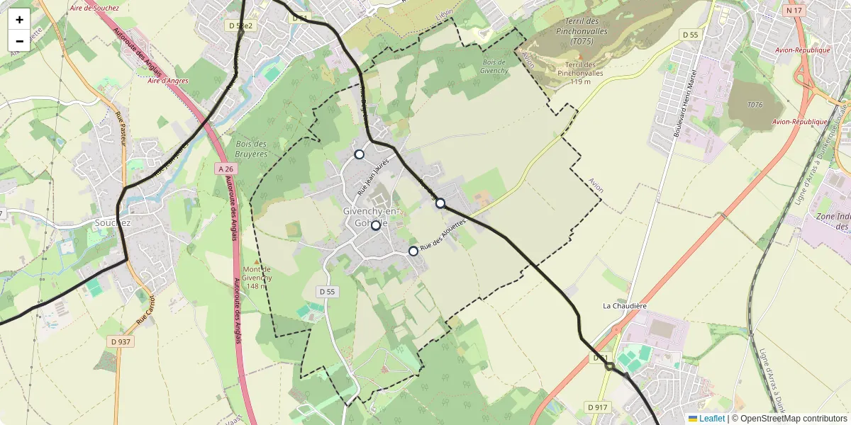 Carte du réseau de transport en commun à Givenchy-en-Gohelle - lignes de bus et arrêts
