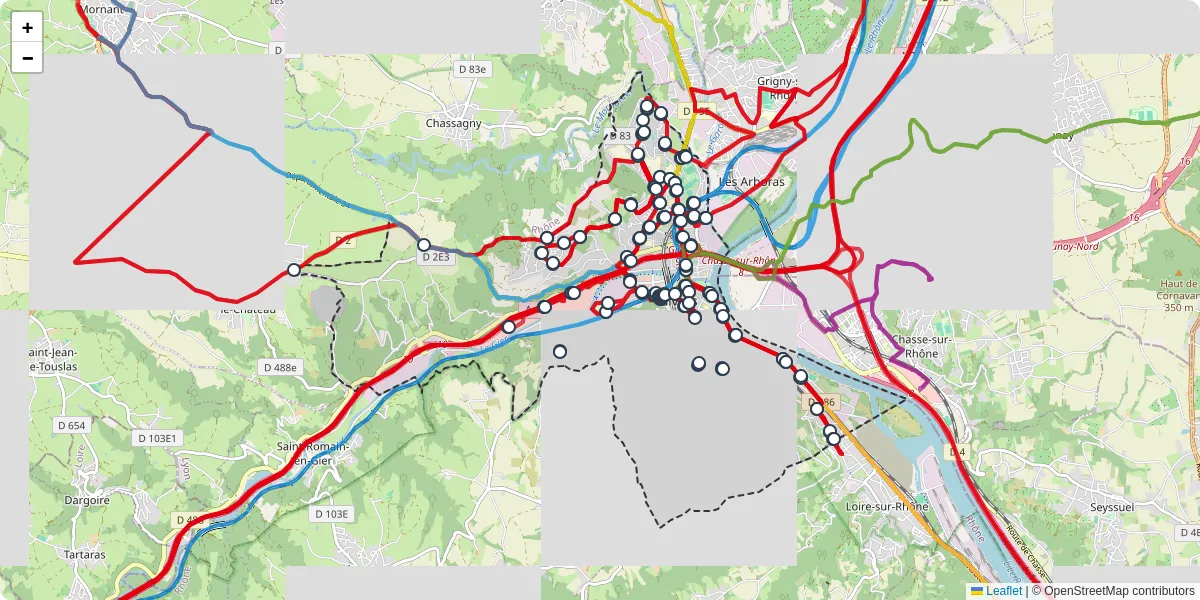 Carte du réseau de transport en commun à Givors - lignes de bus et arrêts