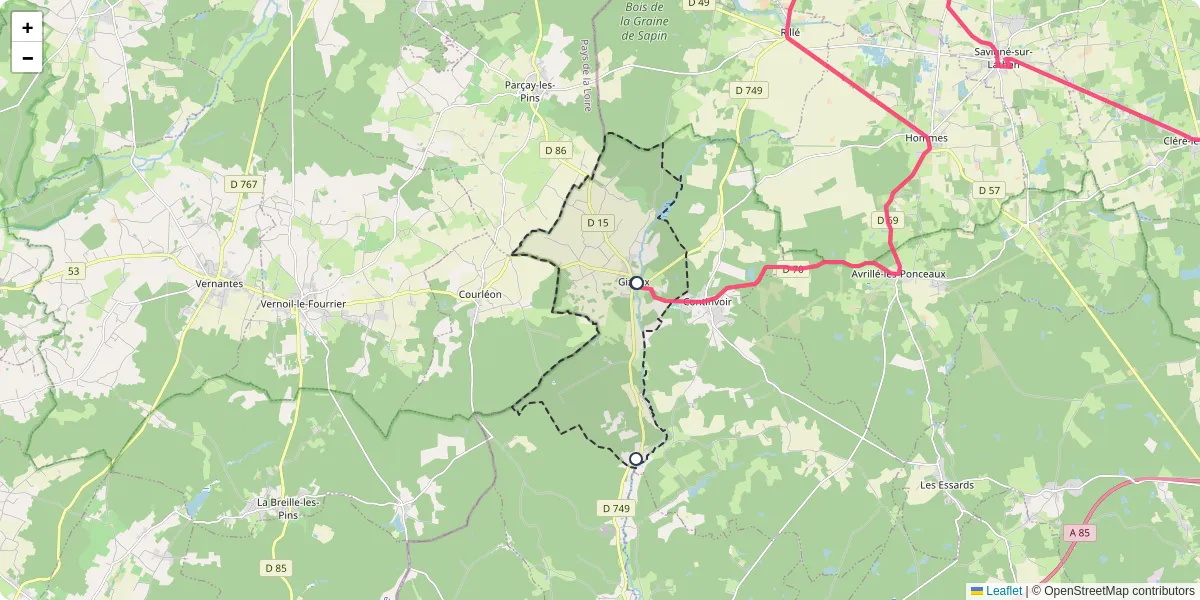 Carte du réseau de transport en commun à Gizeux - lignes de bus et arrêts