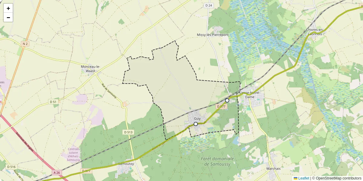 Carte du réseau de transport en commun à Gizy - lignes de bus et arrêts