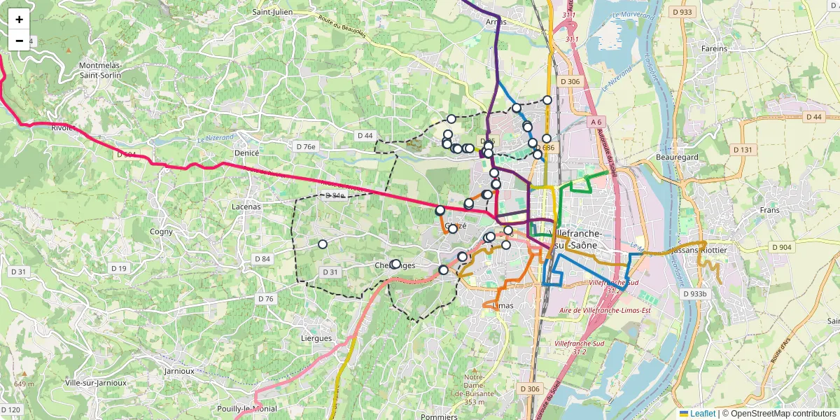 Carte du réseau de transport en commun à Gleizé - lignes de bus et arrêts