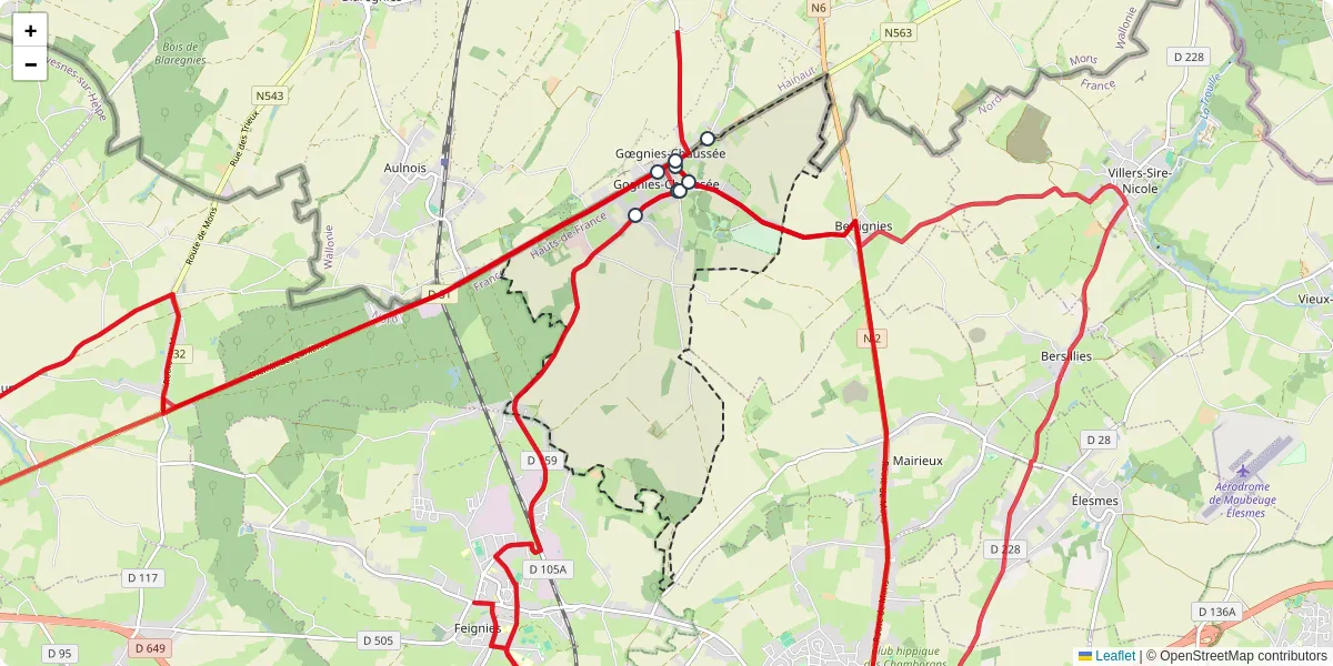 Carte du réseau de transport en commun à Gognies-Chaussée - lignes de bus et arrêts