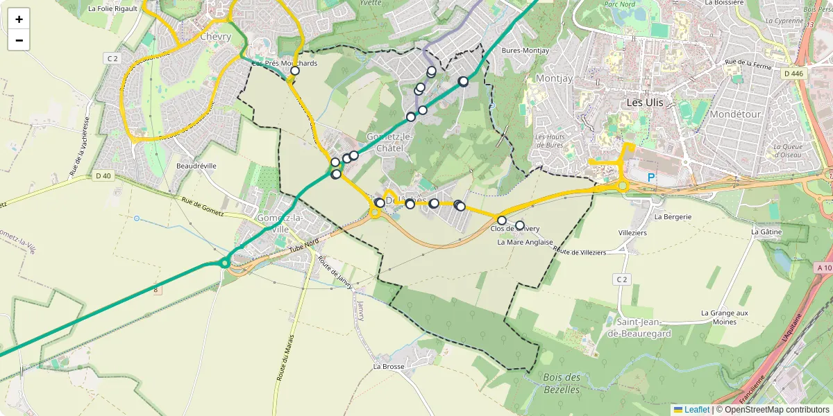 Carte du réseau de transport en commun à Gometz-le-Châtel - lignes de bus et arrêts